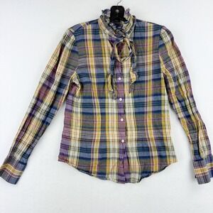 LAUREN Ruffle Collar Womens Plaid‎ Top Size SMALL Womens Purple Tan Linen Blend